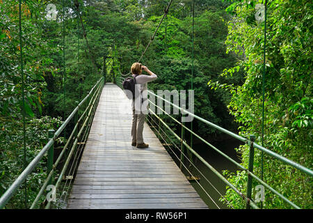 Tourist sul ponte sospeso a La Seva Stazione Biologica,foresta pluviale tropicale,Sarapiqui,Costa Rica,l'America centrale Foto Stock