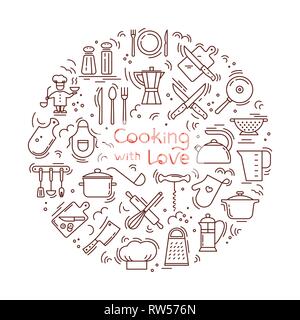 Cucinare con amore sfondo circolare da icone sul tema della cucina e la cottura con caratteri. Illustrazione Vettoriale