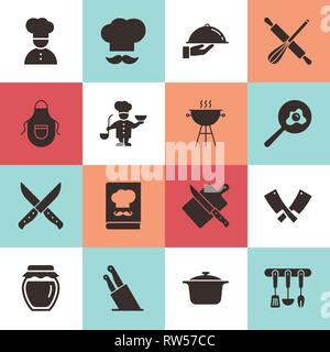 Set di icone pulito dotato di vari utensili da cucina e la cottura di oggetti correlati. Illustrazione Vettoriale