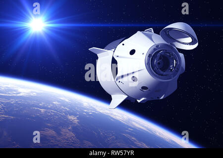 Veicolo spaziale commerciale sotto i raggi del sole. 3D'illustrazione. Foto Stock
