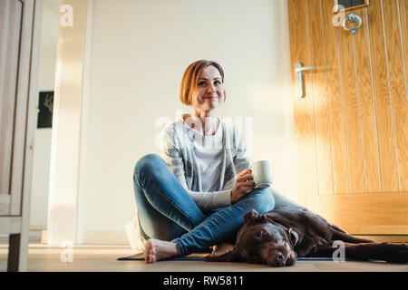 Una giovane donna seduta al chiuso dalla porta sul pavimento a casa, giocando con un cane. Foto Stock