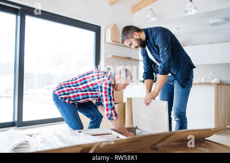 Un uomo maturo con il suo padre senior di assemblaggio di mobili, un nuovo concetto di casa. Foto Stock