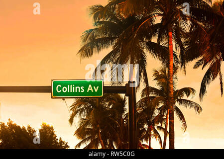 Miami Beach, Florida. 05 gennaio 2018 Collins Avenue segno e palme sul tramonto colorato sfondo. Foto Stock