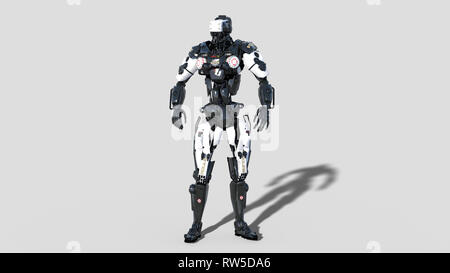 Robot di polizia, applicazione della legge cyborg, android cop isolati su sfondo bianco, rendering 3D Foto Stock