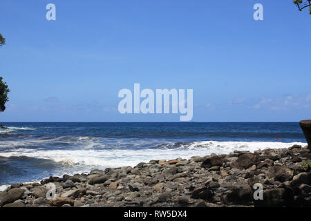 Due surfisti in attesa di un'onda nell'Oceano Pacifico sulla costa Hamakua nelle Hawaii, STATI UNITI D'AMERICA Foto Stock