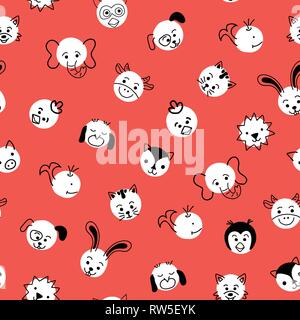 Cute capretti doodle animale Polka punti senza giunture vettore sfondo. Pattern con cerchi bianchi con facce animali in rosso. Semplice doodle design per bambini Illustrazione Vettoriale