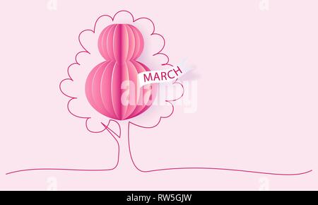 Felice 8 marzo womens giorno della carta. Aria palloncino a forma di otto grandi con disegnati a mano ad albero. Vettore desing di carta illustrazione. Continuo di uno stile della linea. Illustrazione Vettoriale