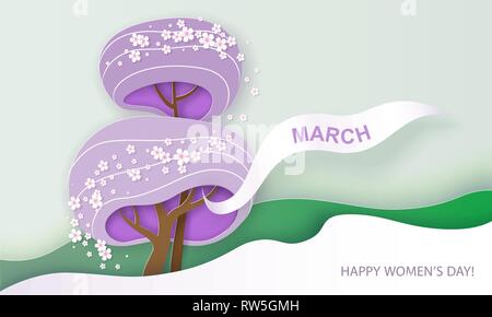 Felice 8 marzo womens giorno della carta. Alberi stilizzati con fiori a forma di otto grandi su sfondo d'onda. Carta vettoriale illustrazione design Illustrazione Vettoriale