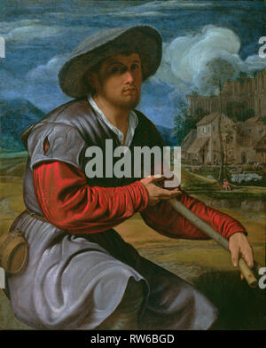Pastore con un flauto; Giovanni Girolamo Savoldo (Italiano (Lombard), circa 1480 - dopo il 1548); circa 1525; Olio su tela; 98,4 × 79,4 cm (38 3/4 × 31 Foto Stock