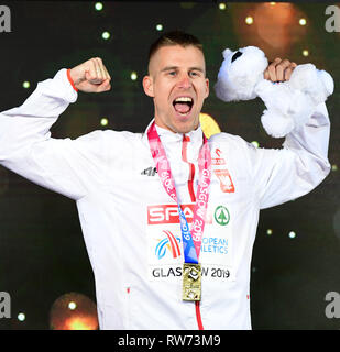 Glasgow, Regno Unito. 03 Mar, 2019. L'atletica Europei Indoor campionati, 1500, uomini, finale negli Emirati Arena: Marcin Lewandowski (Oro). Credito: Soeren Stache/dpa/Alamy Live News Foto Stock