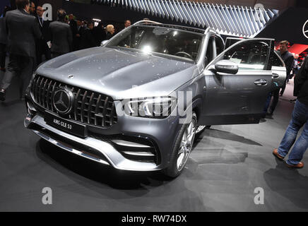 Genf, Svizzera. 05 Mar, 2019. L'AMG GLE 53 è presentata al Salone di Ginevra sulla prima giornata della stampa. Il 89 il Motor Show di Ginevra inizia il 7 marzo e dura fino al 17 marzo. Credito: Uli Deck/dpa/Alamy Live News Foto Stock