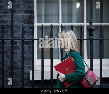 Londra, Regno Unito. 5 Mar, 2019.Primo Segretario per l'TreasuryThe Rt Hon Elizabeth Truss MP arriva settimanale per la riunione di gabinetto al 10 di Downing Street a Londra. Credito: Keith Larby/Alamy Live News Foto Stock