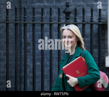 Londra, Regno Unito. 5 Mar, 2019.Primo Segretario per l'TreasuryThe Rt Hon Elizabeth Truss MP arriva settimanale per la riunione di gabinetto al 10 di Downing Street a Londra. Credito: Keith Larby/Alamy Live News Foto Stock