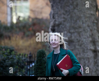 Londra, Regno Unito. 5 Mar, 2019.Primo Segretario per l'TreasuryThe Rt Hon Elizabeth Truss MP arriva settimanale per la riunione di gabinetto al 10 di Downing Street a Londra. Credito: Keith Larby/Alamy Live News Foto Stock