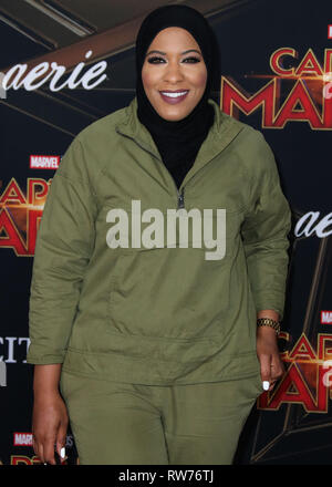 HOLLYWOOD, Los Angeles, CA, Stati Uniti d'America - MARZO 04: American atleta olimpico Ibtihaj Muhammad arriva alla Premiere mondiale di Marvel Studios 'Captain Marvel" tenutasi presso l'El Capitan theater il 4 marzo 2019 a Hollywood e Los Angeles, California, Stati Uniti. (Foto di Xavier COLLIN/Image Press Agency) Foto Stock