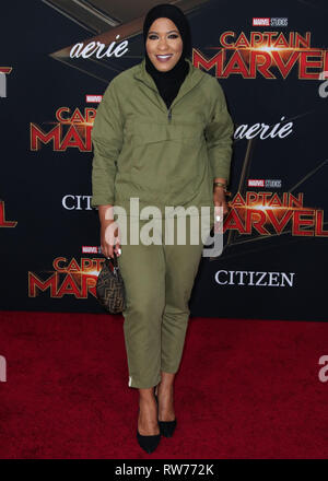 HOLLYWOOD, Los Angeles, CA, Stati Uniti d'America - MARZO 04: American atleta olimpico Ibtihaj Muhammad arriva alla Premiere mondiale di Marvel Studios 'Captain Marvel" tenutasi presso l'El Capitan theater il 4 marzo 2019 a Hollywood e Los Angeles, California, Stati Uniti. (Foto di Xavier COLLIN/Image Press Agency) Foto Stock