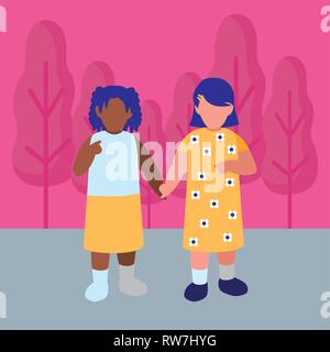 Bellissime bambine interracial giovane caratteri illustrazione vettoriale design Illustrazione Vettoriale