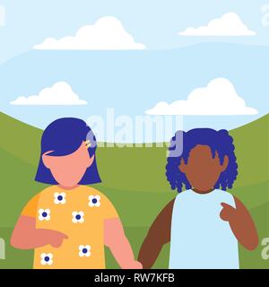 Bellissime bambine interracial giovane caratteri illustrazione vettoriale design Illustrazione Vettoriale