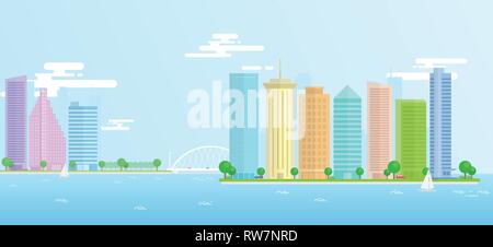 Il paesaggio urbano della città, porto con grandi edifici moderni. Illustrazione Vettoriale design piatto realizzato su una lunga striscia adatto per il web, la stampa. Illustrazione Vettoriale