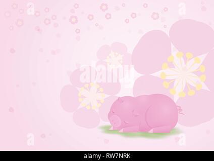 Felice Piggie, rosa maiale, dormire con prugna Fiore dello sfondo. Illustrazione di vettore per il nuovo anno cinese saluti, anno di maiale porta la ricchezza e la buona Illustrazione Vettoriale