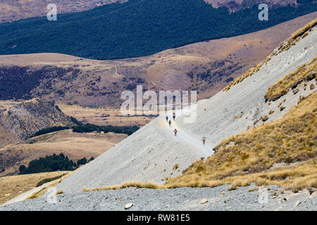 Guardando verso il basso Mt Cheeseman in estate per vedere gli amanti della mountain bike Equitazione Sci field road Foto Stock