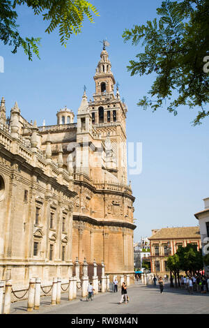 La grande cattedrale e la torre dell orologio La Giralda di Siviglia in Spagna Foto Stock