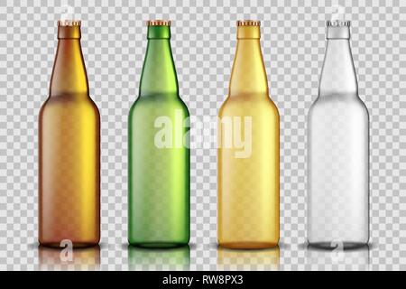 Set di vetro realistico di bottiglie di birra isolato su sfondo trasparente. vuoto bottiglia di birra Mock up modello per la confezione del prodotto. Illustrazione Vettoriale. Illustrazione Vettoriale