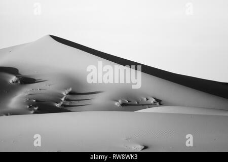 Forma dignitosa di dune di sabbia con profonda ombra. Monocromatico, in bianco e nero. Dune interessanti sulla periferia del deserto del Sahara. Il Marocco, Africa Foto Stock