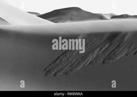 Monocromatico, in bianco e nero. Modelli interessanti sulla sabbia, dune sulla periferia del deserto del Sahara, Merzouga, Marocco, Africa del Nord. Strutture visibili. Foto Stock