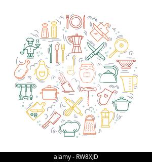 Cucinare con amore sfondo circolare da icone sul tema della cucina e cottura. Sfondo per la decorazione del menu di ristoranti e Illustrazione Vettoriale