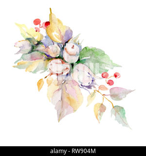 Bouquet con nocciole e foglie. Wild molla a balestra isolato. Acquerello illustrazione dello sfondo impostato. Disegno ad acquerello fashion aquarelle isolato. Foto Stock