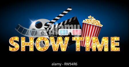 Concetto di cinema, showtime banner, poster design con popcorn, occhiali 3D, nastro a pellicola, clapperboard, illustrazione vettoriale. Illustrazione Vettoriale