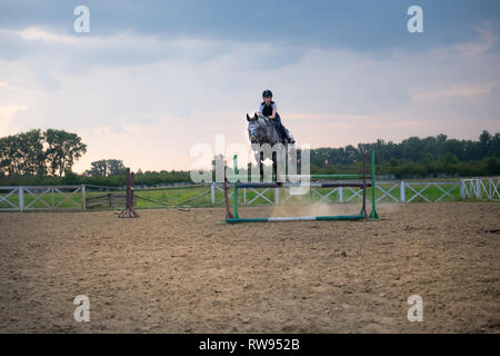 Super slow motion di una donna jockey salta sopra gli ostacoli su un cavallo. Foto Stock