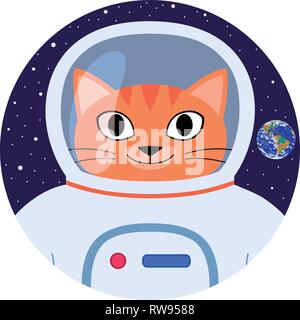 Icona arancione vettore divertente gatto cartoon astronauta in bianco tuta spaziale. Happy cat faccia con casco spazio isolato su sfondo blu scuro con stelle e p Illustrazione Vettoriale