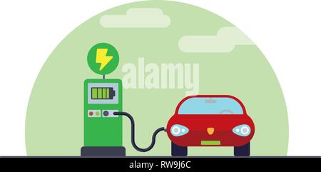 Electromobility concetto. Auto elettrica alla stazione di carica design piatto illustrazione vettoriale Illustrazione Vettoriale