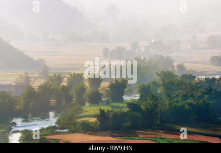 Bellissimo il passo di riso terrazza racchetta in campo il tramonto e l'alba a Trung Khanh, Cao Bang. ao Bang è bella in natura luogo in Vietnam Foto Stock