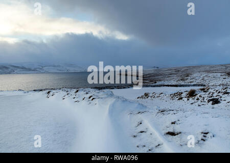 Vacca Serbatoio verde e la nuvola coprì North Pennines in inverno, Superiore Teesdale County Durham, Regno Unito Foto Stock