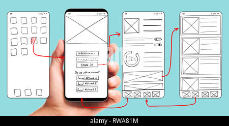 Sviluppo UI. Maschio di mano azienda smartphone con reticolati interfaccia utente prototipi dello schermo di un'applicazione mobile su sfondo blu. Foto Stock