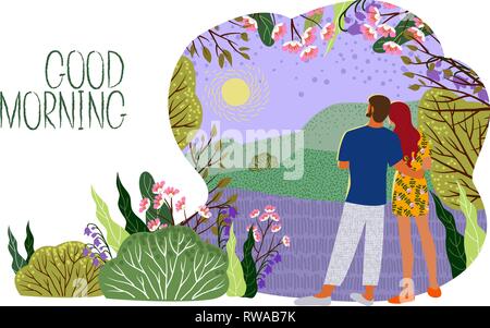 Coppia giovane incontra il nuovo giorno. Sunrise, colline, fiori, alberi, paesaggio naturale in un piatto alla moda lo stile simpatico e spazio vuoto per il testo . Vettore orizzontale Illustrazione Vettoriale