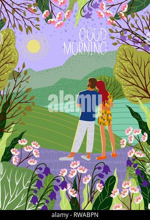 Buona mattina. Coppia giovane incontra il nuovo giorno. Sunrise, colline, fiori, alberi, paesaggio naturale in un elegante appartamento carino stile. Verticale illustrazione vettoriale Illustrazione Vettoriale