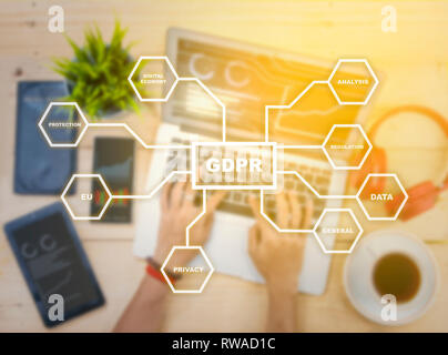 Il PILR con struttura di protezione con imprenditore lavora utilizzando laptop e gadget digitali sullo sfondo scrivania. Cyber sicurezza e privacy. Generale da Foto Stock