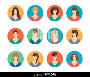 Popolo sorridente ritratti di donne ragazze, volti e spalle avatar impostare isolato illustrazione vettoriale. Cartoon icone piana. Caratteri per il web Illustrazione Vettoriale