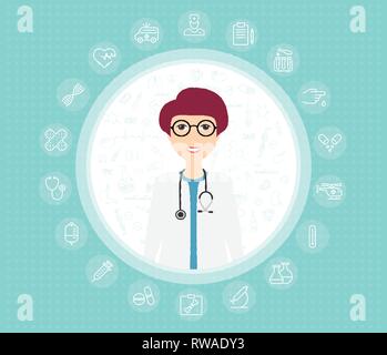 Medico moderno in camice bianco e lo stetoscopio per dare consigli con icone in cerchio. Vettore. Illustrazione Vettoriale