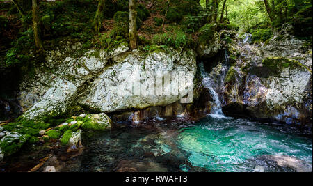 Idilliaco fiume di montagna nella valle Lepena, Soca - Slovenia Bovec. Acqua Sunik grove - bella ruscello di montagna con cascata e pool di turquo verde Foto Stock