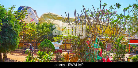 La grande statua di Mya Tha Lyaung Buddha reclinato attraverso il giardino lussureggiante di verde, Bago, Myanmar. Foto Stock