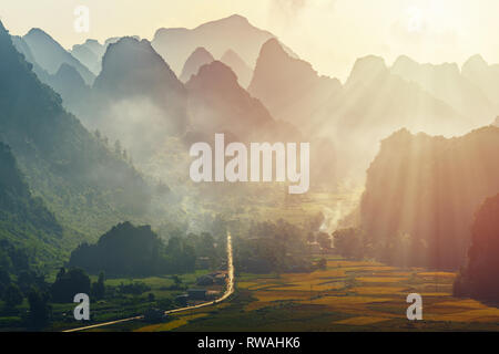 Bellissimo il passo di riso terrazza racchetta in campo il tramonto e l'alba a Trung Khanh, Cao Bang, Vietnam, vicino a Mu Cang Chai e Sapa Foto Stock