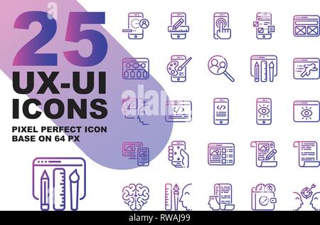 UX UI applicazione profilo gradiente set di icone di base su 64px, Pixel perfetto allineamento icona processo. Illustrazione Vettoriale