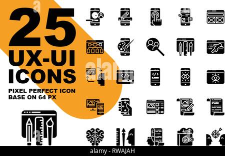 UX UI applicazione solida e glyph set di icone di base su 64px, Pixel perfetto allineamento icona processo. Illustrazione Vettoriale