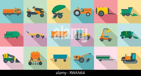 Macchine agricole set di icone. Set piatto di macchine agricole icone vettoriali per il web design Illustrazione Vettoriale