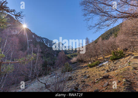 Alba sul modo di Estany Negre da Espot, Aigüestortes National Park e Estany de Sant Maurici, Lérida, Catalogna, Spagna Foto Stock